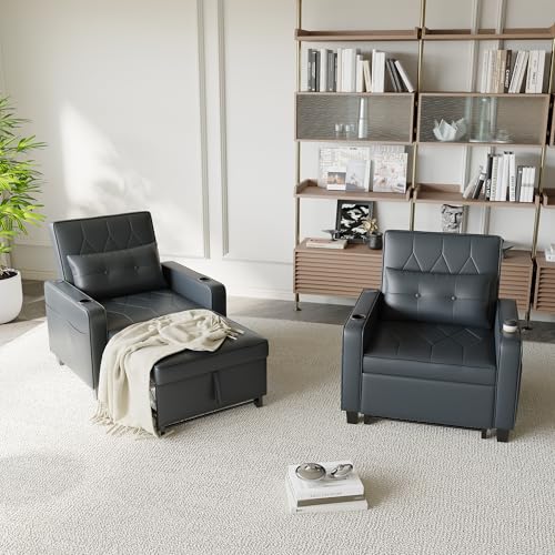3-in-1 Convertible Sofa Chair Bed, Pull Out Leather Recliner Sleeper Sofa Chair Bed Couch with Cup Holders, USB & Type C Port,Side Pockets, Perfect for Living Room,Bedroom,Office (Black)