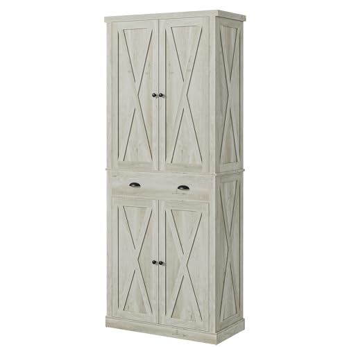 IRONCK Kitchen Pantry Storage Cabinet 72.6" H, with Barn Doors, Drawer, 4 Adjustable Shelves, Freestanding Cupboard for Dining Room Living Room, Laundry, White