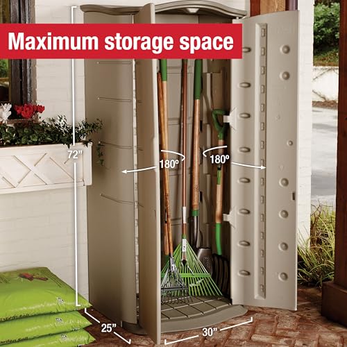 Rubbermaid Compact Vertical Resin Storage Shed With Floor (2 x 2.5 Ft), Weather Resistant, Beige/Brown, Organization for Home/Backyard/Garden Tools/Porch/Patio Cushions/Pool Chemicals/Toys