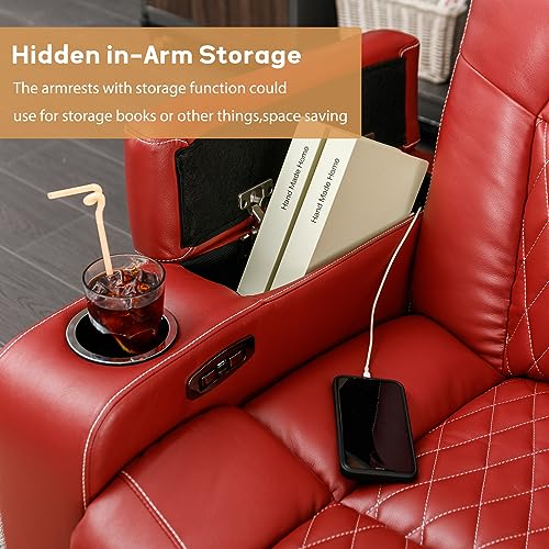 ANJ Power Home Theater Seating, PU Leather Electric Recliner Chair with Powered Headrest, Dual Motors Movie Reclining Chairs with LED Lights,USB Port, Cup Holders, Hidden Arm Storage (Brown)