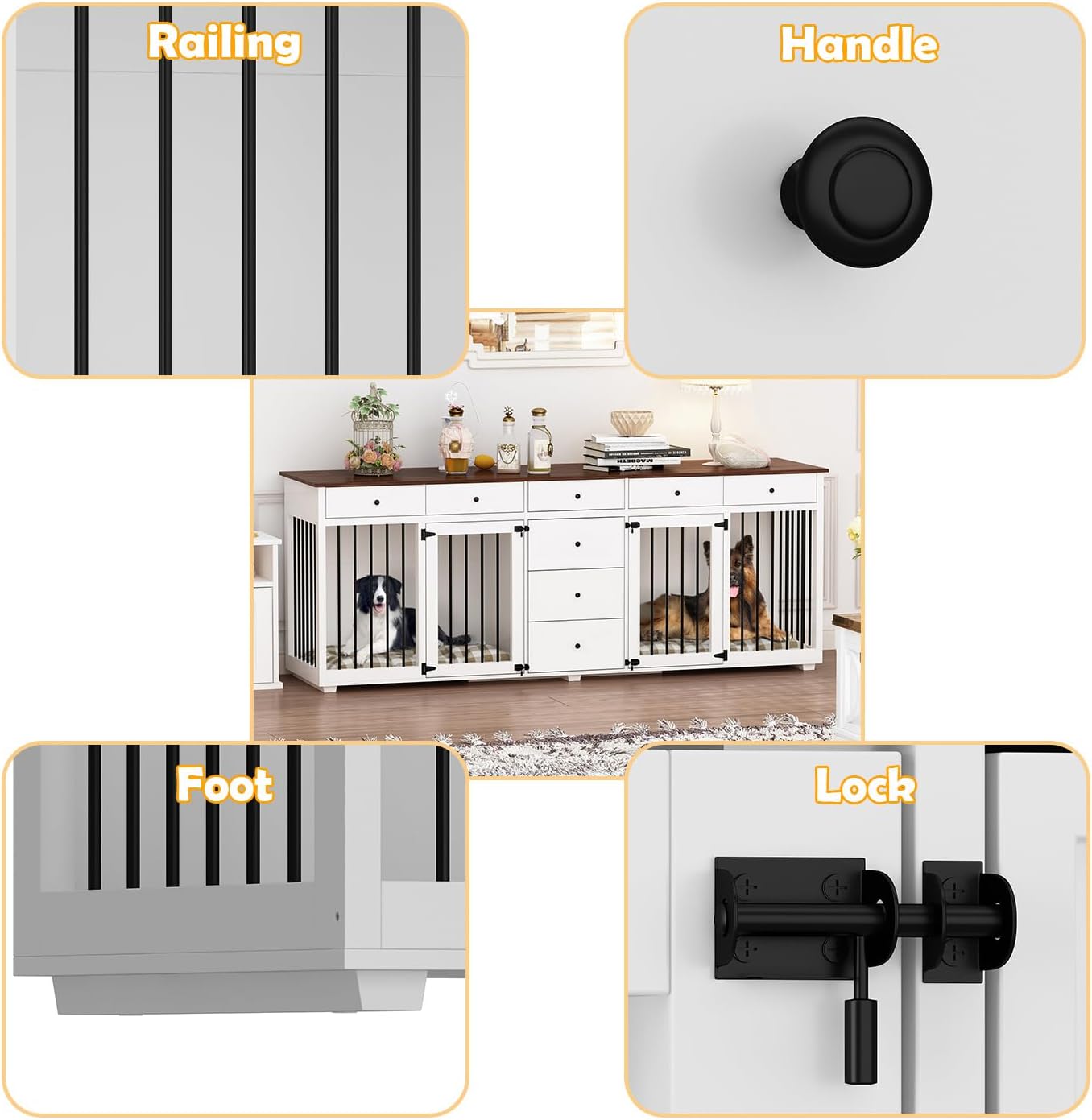 Lovinouse Large Dog Crate Furniture for 2 Dogs, 89" Heavy Duty Wooden Dog Kennel with 8 Drawers, Indoor Furniture Style Dog Kennel with Double Rooms for Large Medium Dogs, White