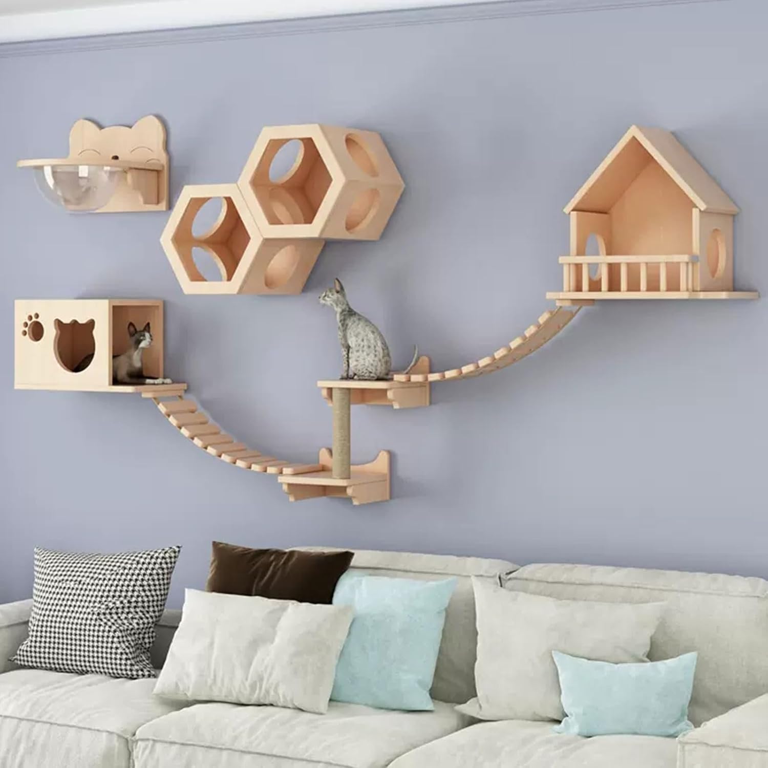 Cat Shelves for Wall Large Cats Set - Cat Tree Wall Mounted with Hexagon Shelf - Cat Climbing Frame - Wall Mounted Cat Furniture