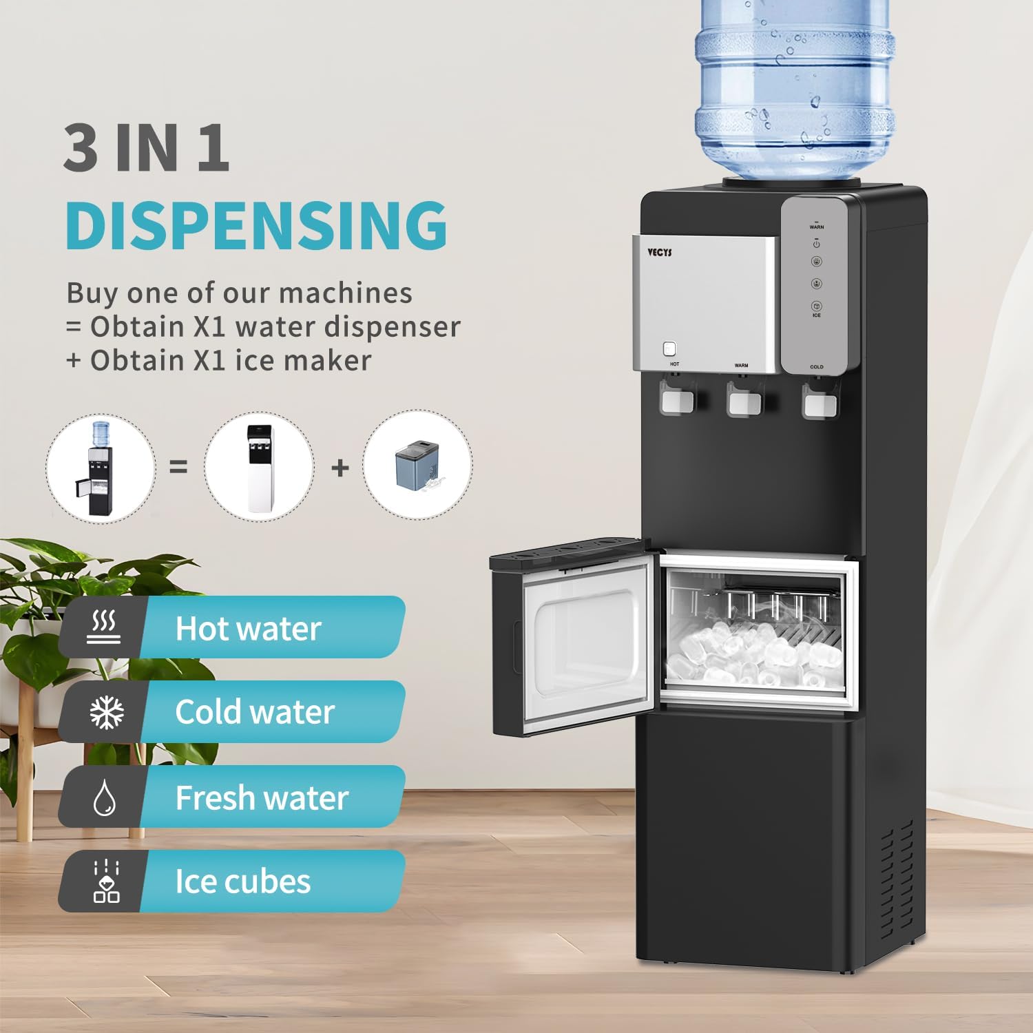 Water Dispenser Cooler with Ice Maker, 27LBS Daily Ice Making and Hot Cold Water Supply, Child Safety Lock and Compatible with 3 or 5 Gallon Bottles, Ideal for Home and Office