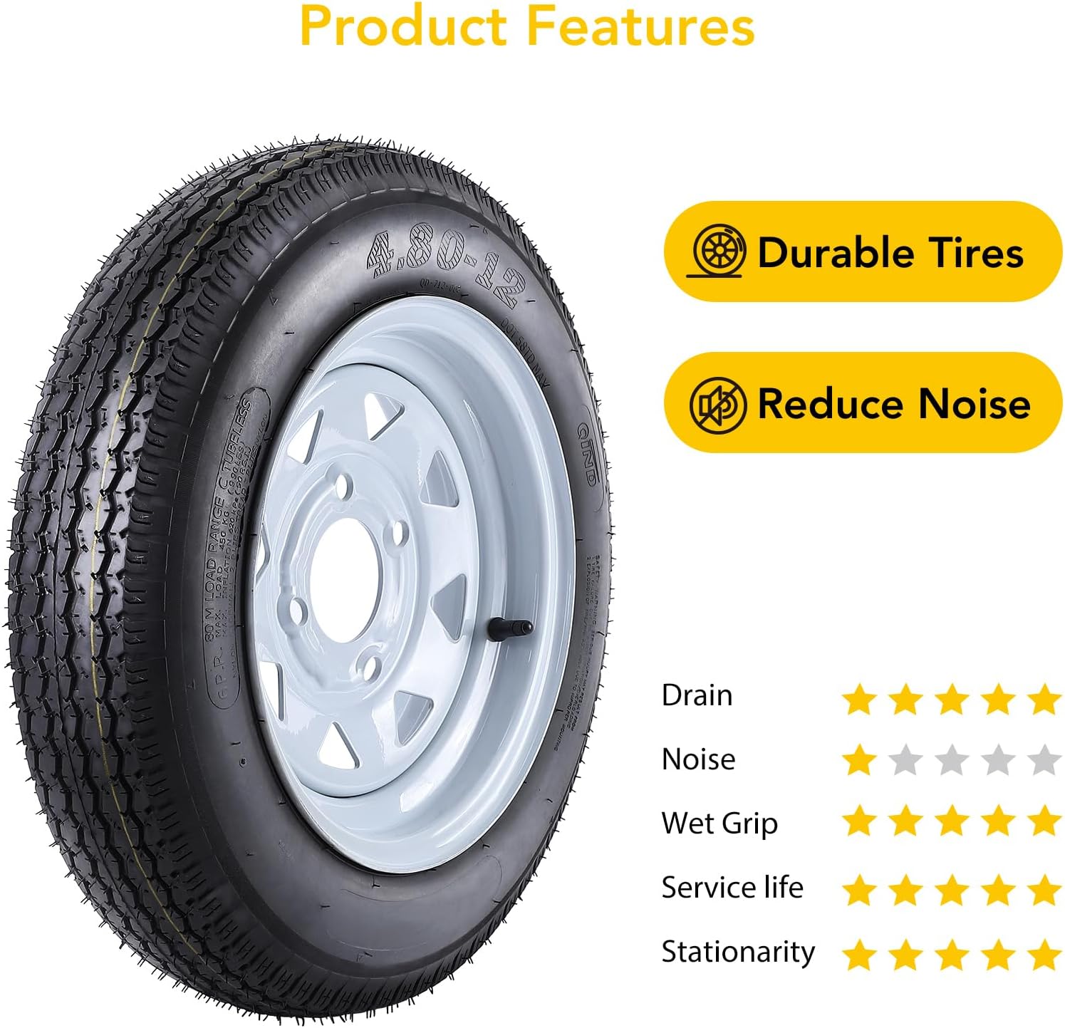 Pair Of 4.80x12 Trailer Tires and Wheels,Trailer Tires With 6PR Load Range,4 Lug 4.5” Tires For Travel/Cargo Trailer - 2 Pcs