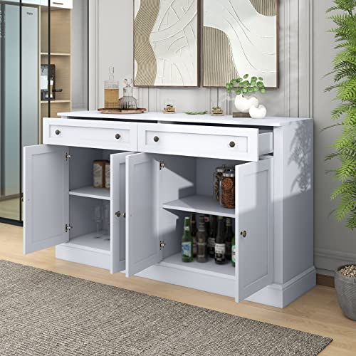 60" Sideboard Buffet with Storage, 4-Door Accent Bar Cabinet, Distressed Wood Storage Cupboard with 2 Drawers and Adjustable Shelves for Kitchen, Dining Room, Living Room, Entryway, White