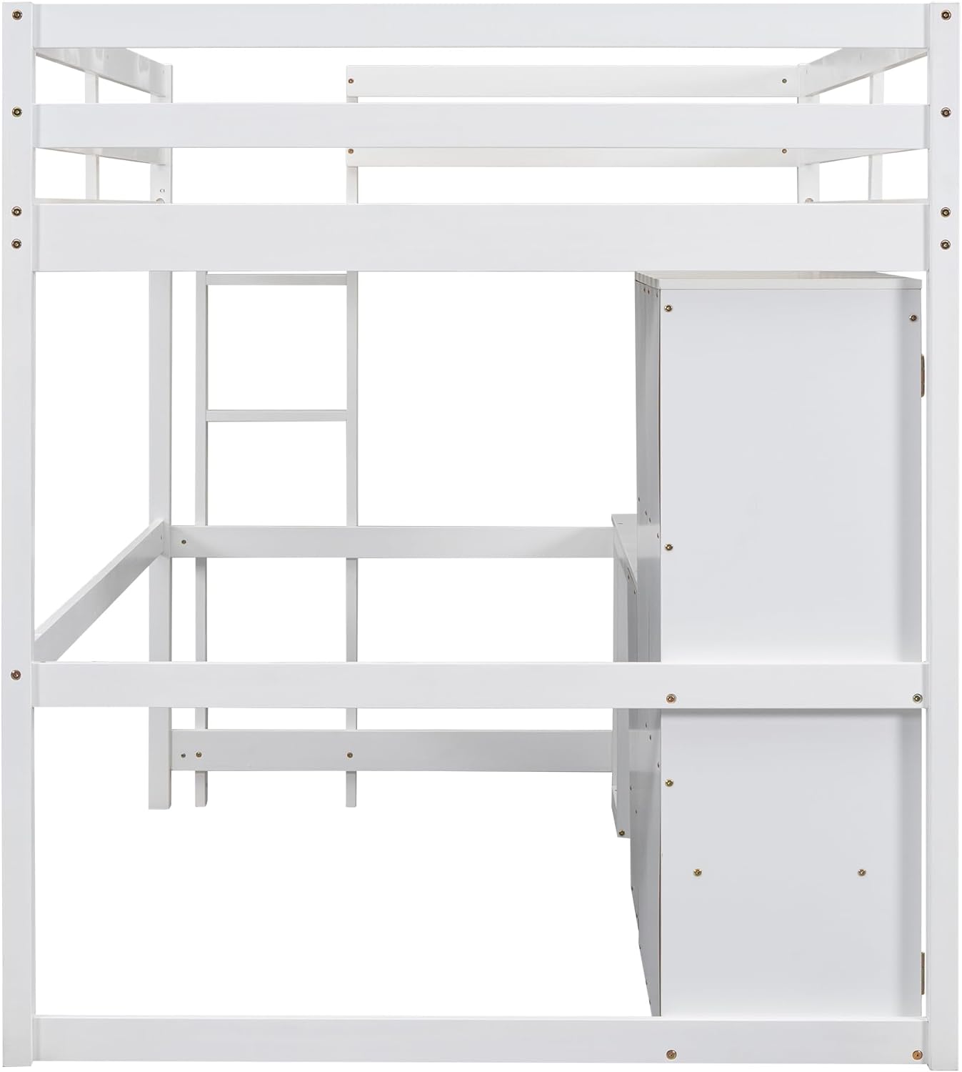 Full Size Loft Bed with Desk & 3 Storage Drawers & Wardrobe Design for Kids Bedroom,Solid Wood Bedframe w/Ladder & Safety Guardrails,No Box Spring Needed & Super Save Space, White