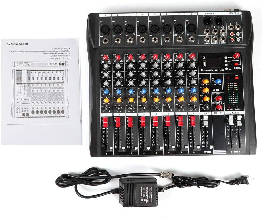 Professional 8 Channel Mixing Console Audio Mixer Bluetooth w/USB Drive Amplifier Studio Audio Sound Mixer Console Ac 110v 50hz 18w