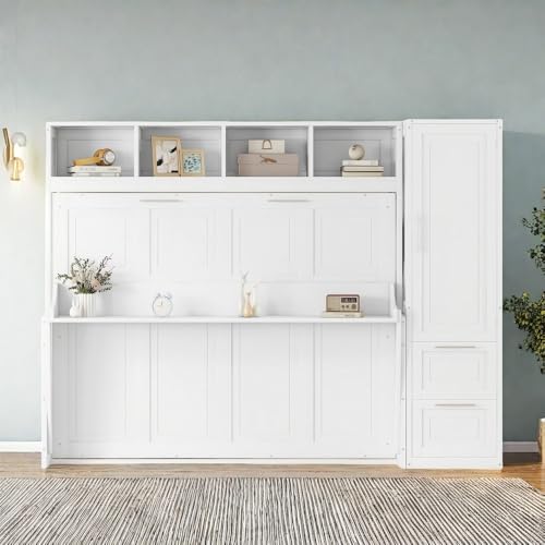 SOFTSEA Queen Size Horizontal Murphy Bed, Queen Murphy Bed with Desk Wardrobe Storage Shelf, Queen Hideaway Wall Bed with Drawers Space-Saving for Guest Room Bedroom or Office, Gray