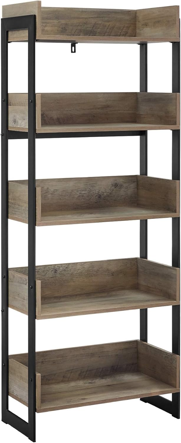 Walker Edison Addison Urban Industrial Metal and Wood 5-Shelf Bookcase, 64 Inch, Grey Wash