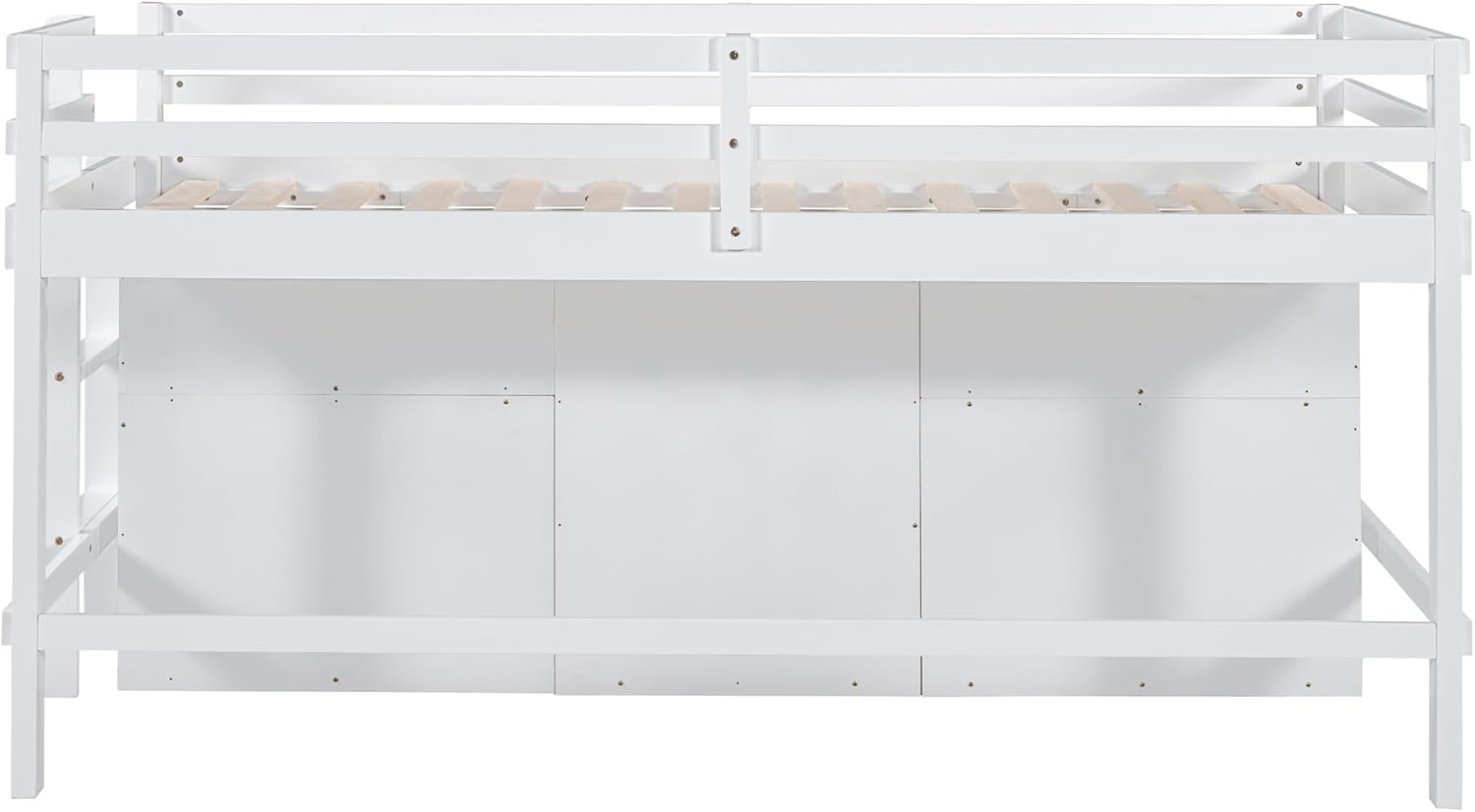 Twin Size Kids Loft Bed with Storage Underneath, Wooden Low Loftbed Frame with 4 Drawers, Cabinet, Shelves and Ladder, Space Saving Bedframe for Boys Girls Teens, White