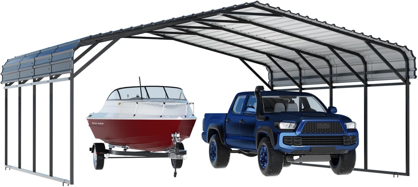 EBE 20' x 20' Metal Carport, Heavy Duty Outdoor Carport with Galvanized Steel Roof, Carport Garage Car Shelter Shade for SUV, Truck and Boats, Grey