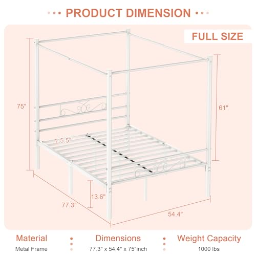 Queen Size Metal Canopy Bed Frame, Four-Poster Canopied Platform Bed Frame with Headboard and Footboard, Sturdy Metal Slatted Structure, No Box Spring Needed, Easy Assembly, White