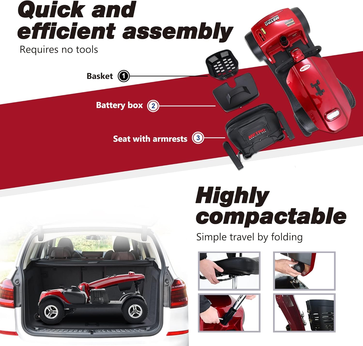 Electric Powered Mobility Scooters for Seniors Adults 300lbs Max Weight, 4 Wheel Folding Mobility Wheelchair for Travel - Long Range Power Extended Battery w/Charger and Basket - Red