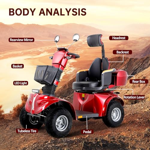 All Terrain Mobility Scooter,Heavy Duty Mobility Scooter for Seniors & Adults,500 lbs Capacity Heavy-Duty 4 Wheel Mobility Scooter Handicap Scooters for Adults (Red)