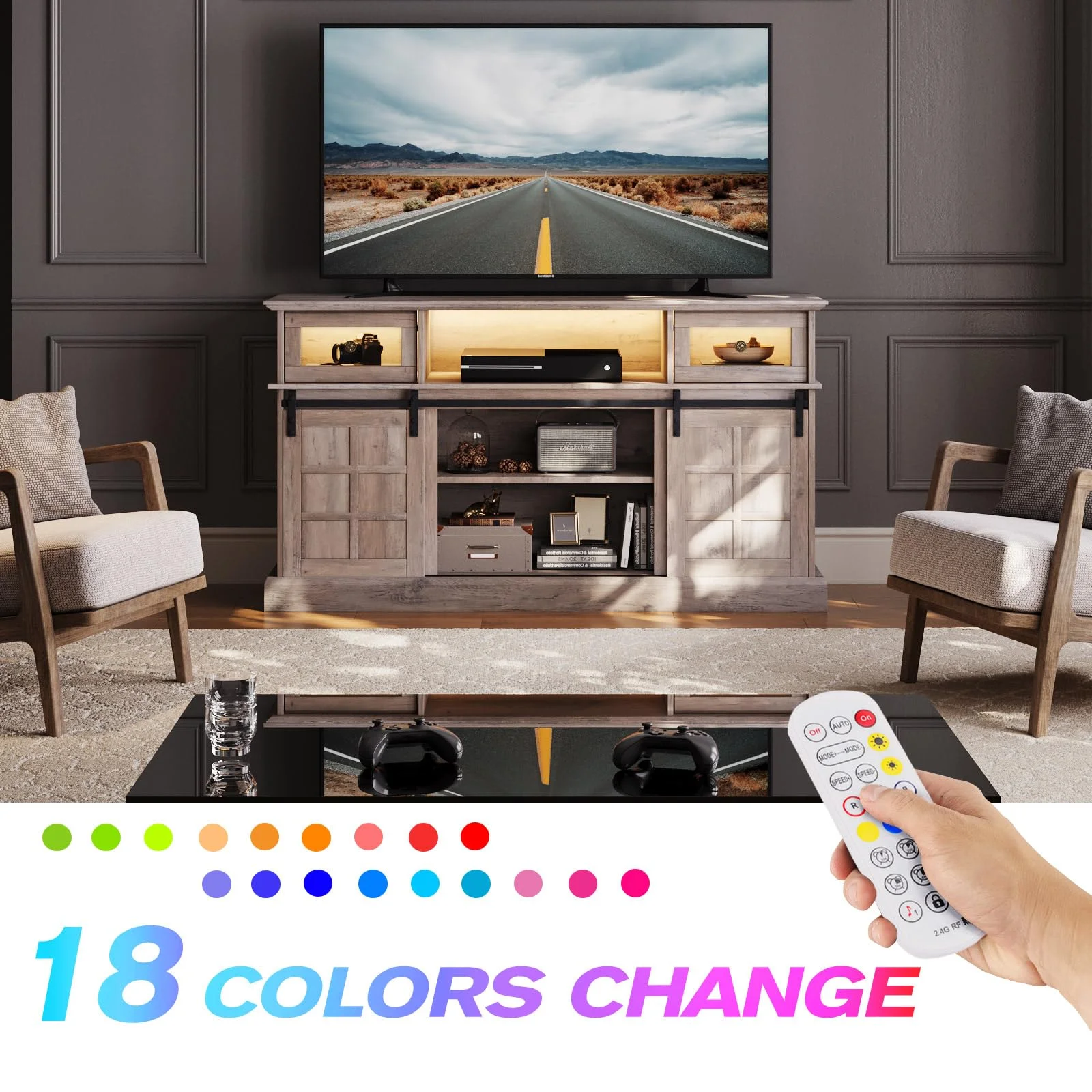 LGHM Fireplace TV Stand with 23" Electric Fireplace for TVs Up to 65", LED Light Entertainment Center with Storage Cabinet, for Living Room Bedroom, Gray