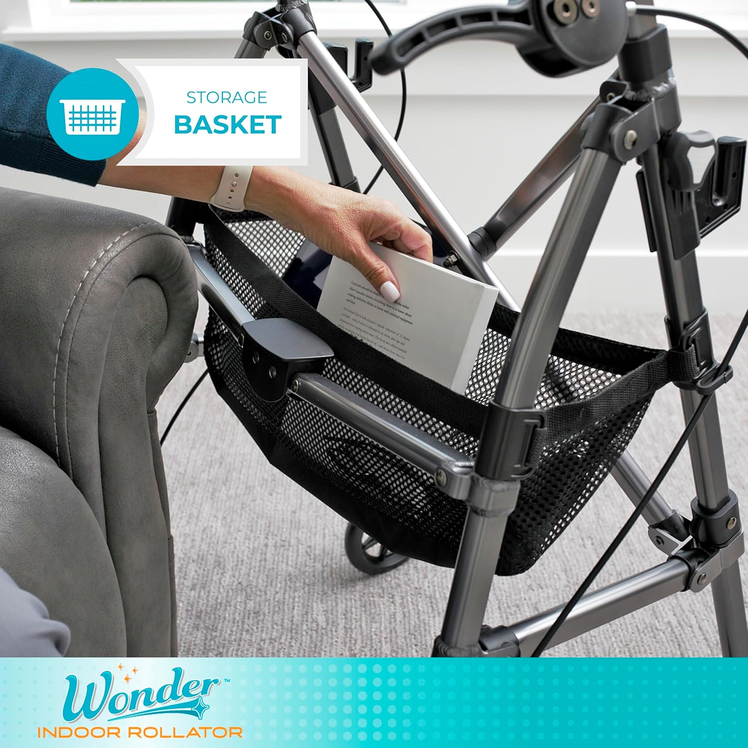 Stander Wonder Indoor Rollator with Tray and Basket, Lightweight Folding Mobility Rolling Walker for Seniors and Adults, Narrow Walker with 6-inch Wheels, Locking Brakes, Black Walnut