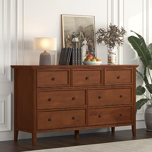 IKENO White 7 Drawer Dresser for Bedroom, Modern Solid Wood Large Storage Cabinet, Simple White Chest of Drawer for Bedroom Living Room Hallway Entryway (White)