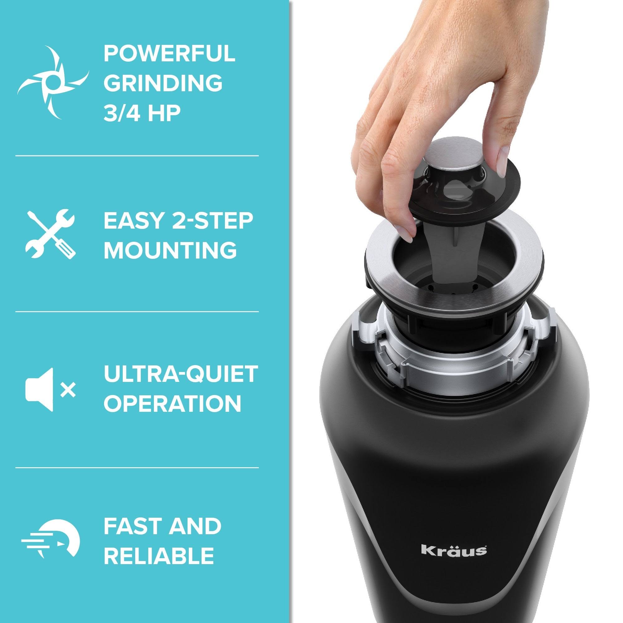 Kraus KWD100-75MBL WasteMate Continuous Feed Garbage Disposal with 0.75 HP Ultra-Quiet Motor for Kitchen Sinks