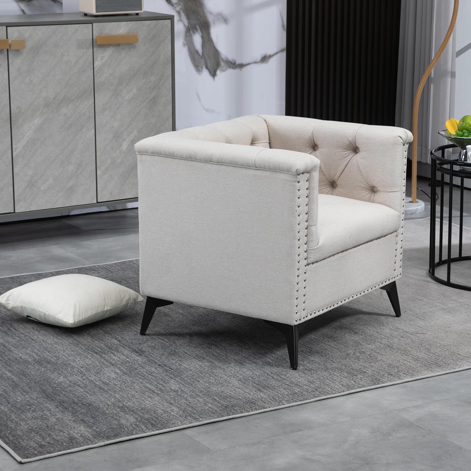 Accent Chair Living Room Chairs Single Sofa Chair,Arm Chairs with Linen Fabric, Mid Century Accent Arm Chairs Comfy Reading Lounge Club Armchair for Bedroom Office Study (Beige)