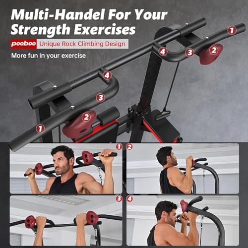 Pooboo Power Tower Dip Station Pull Up Bar for Fitness Home Gym Workout,Multi-Function Adjustable Height Fitness Strength Training Exercise Equipment,with Supine Board