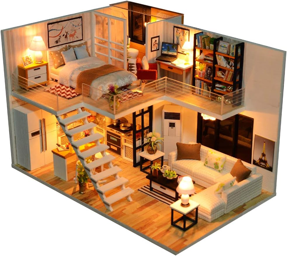 Dollhouse Miniature with Furniture, DIY Dollhouse Kit Plus Dust Proof and Music Movement, 1:24 Scale Creative Room for Valentine's Day Gift Idea