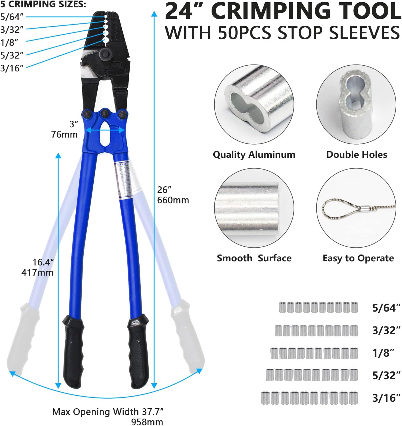 TOUGHER 24 Inch Hand Crimping Cutting Tool, Wire Rope Crimping Tool, Hand Swager Crimper Cutter for 1/16" 3/32" 1/8" 5/32" 3/16" Wires,with 50pc Aluminum Stop Sleeves Oval Sleeves Pack of 2