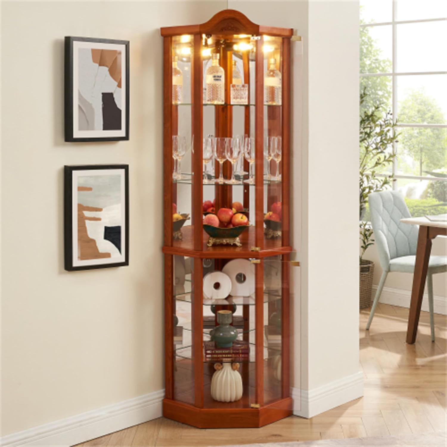 Curio Glass Corner Cabinet with Lights,Wooden Glass Cabinet with Adjustable Shelves,Classic Storage Cabinet,Carved Decoration Display Cabinet for Exhibition, OAK