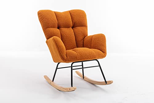 Rocking Chair, Wool Upholstered Glider Rocker with High Backrest, Padded Seat and Curved Legs for Living Room Bedroom Offices, Ergonomic Tufted Armchair Mid Century Style, Ivory White