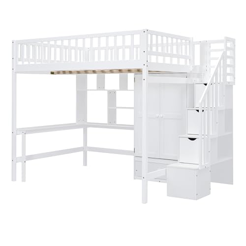 Full Size Loft Bed with Wardrobe Desk Storage Stairs, Wood Loft Bed Frame with Bookcase and Drawers, High Loft Bedframe for Kids Teens Adults, No Box Spring Needed, Espresso
