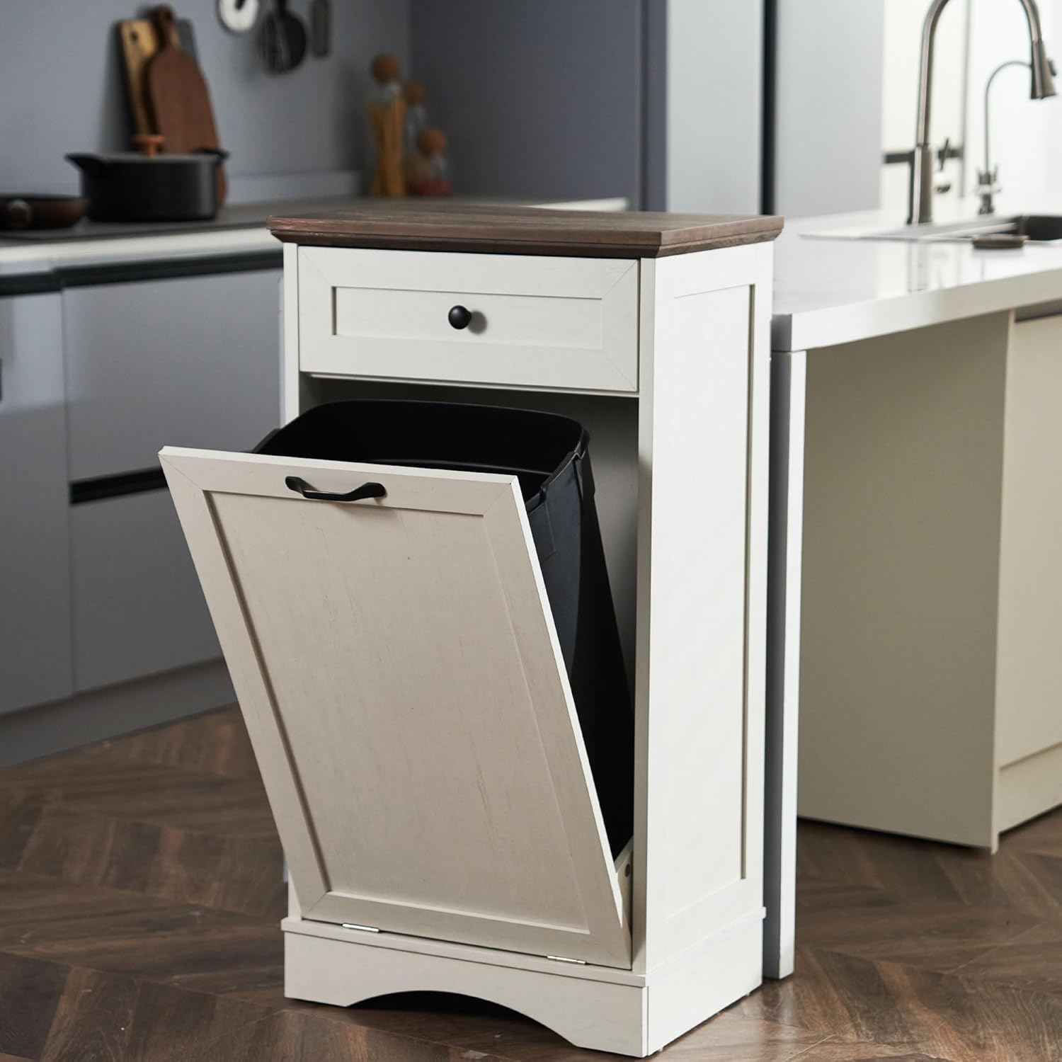 13 Gallon Tilt Out Trash Cabinet with Drawer Wood Hidden Kitchen Recycling Cabinet Free Standing Pet Proof Trash Can Laundry Cabinet for Kitchen, Antique White