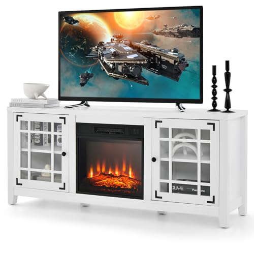 GOFLAME 58" Fireplace TV Stand for TVs up to 65 Inches, Wooden TV Console with 18” Electric Fireplace Insert, Fireplace TV Cabinet, Entertainment Center with Remote Control, Adjustable Shelves, White