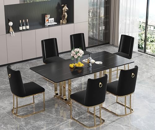 Faux Marble Dining Table for 6 Person, 63" Marble Kitchen Table with Craft Glass Tabletop and Black Legs, Luxury Large Long Dining Room Table for Home Kitchen Office (Table Only)