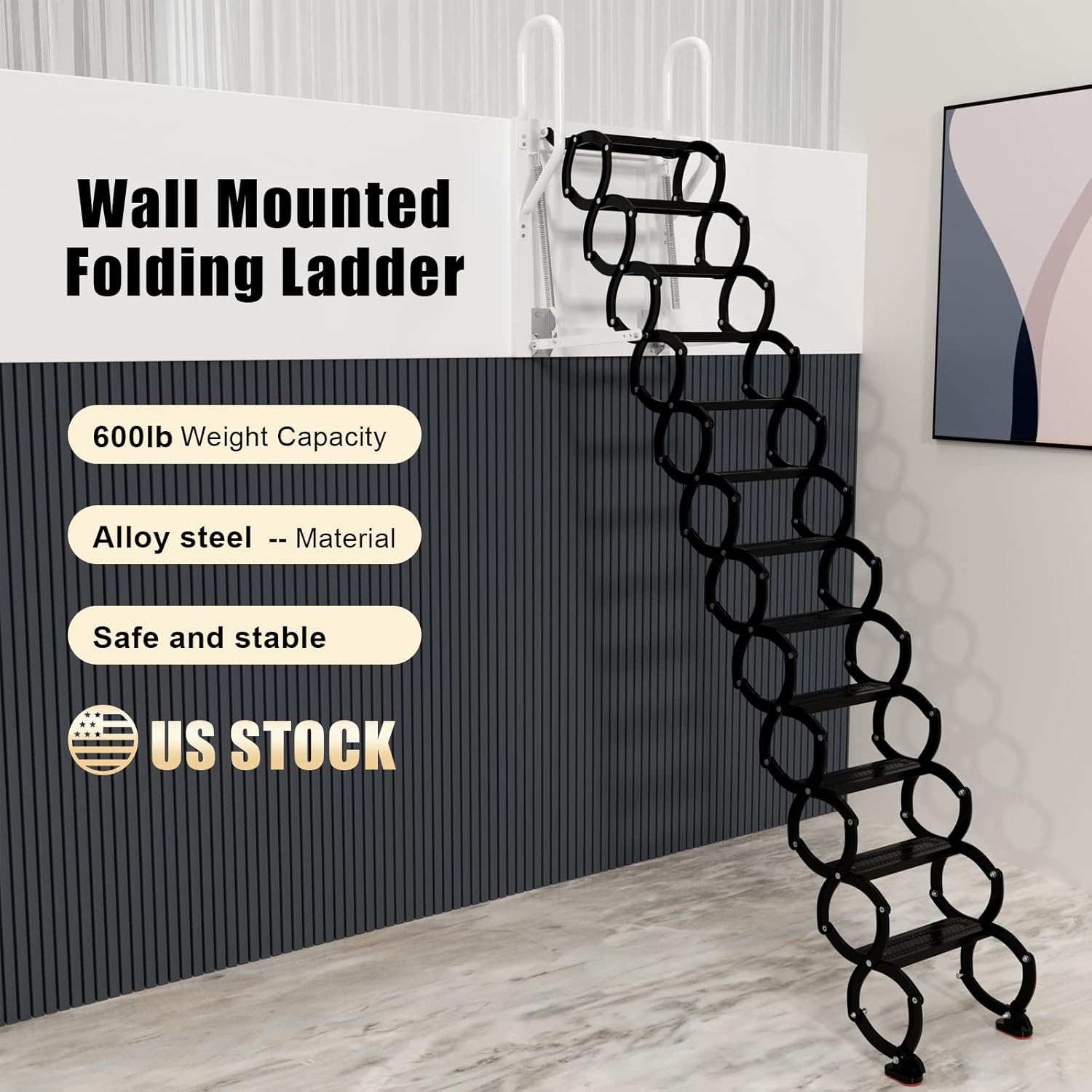 Frezon 12 Steps Wall Mounted Folding Ladder, Black Loft Attic Stairs,Pull down wall mounted attic folding staircase