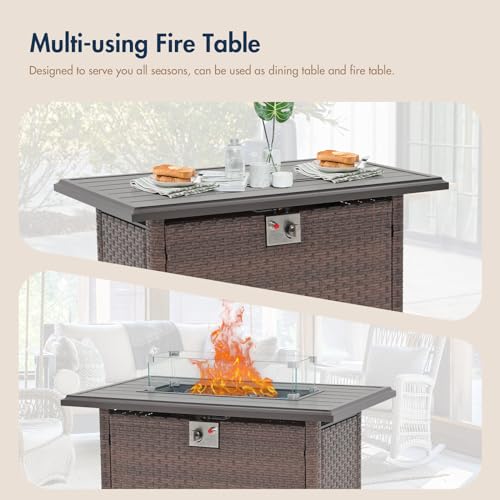 SUNSITT Outdoor Fire Pit Table 43 Inch Wicker Propane Fire Pit with Aluminum Tabletop 50,000 BTU Gas Firepit with Fire Glass, Lid, Cover, Taupe Rattan