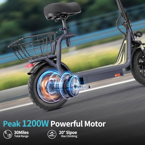 Caroma Peak 800W/1200W Electric Scooter Adults, 30 Miles Max Range, Foldable Electric Scooter with Seat, Front Suspension, Detachable Large Basket,Commuter E-Scooter for Adult and Teens