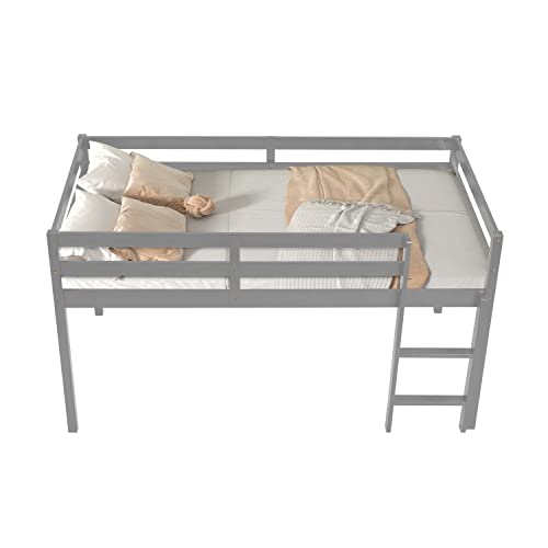 Tmosi Low Loft Bed Twin,Solid Wood Kids Twin Bed Frame with Ladders and Guard Rails,Space Saving Twin Size Loft Bed for Girl Boy,No Box Spring Needed,Easy to Assembly (Built-in Ladder-Grey)