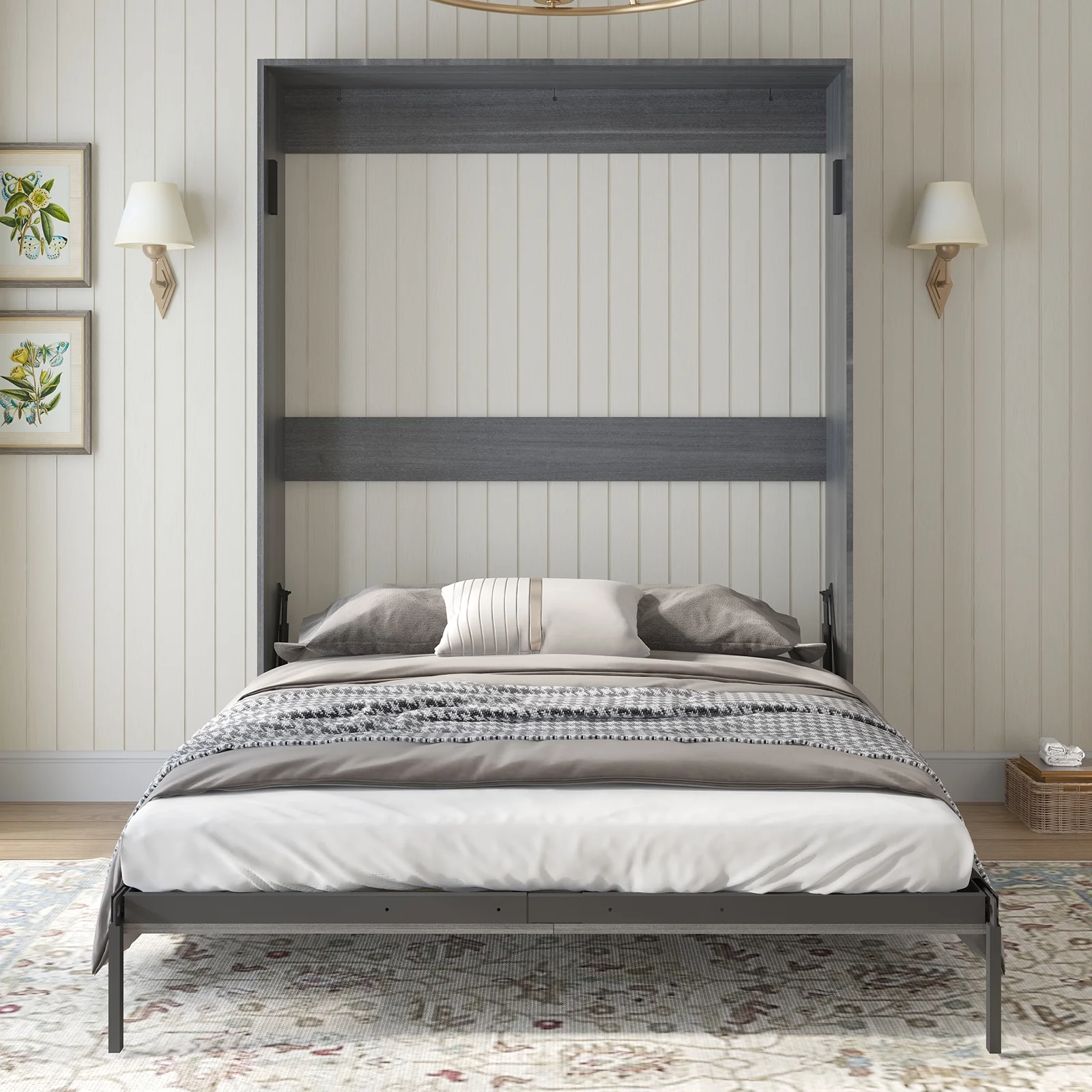MUZZ Murphy Bed with Wardrobe, Foldable Wall Bed with Space Saving Design, Fold up Murphy Bed Cabinet for Storage, Multifunctional Cabinet Bed for Bedroom/Apartment(Style5,DarkGrey)