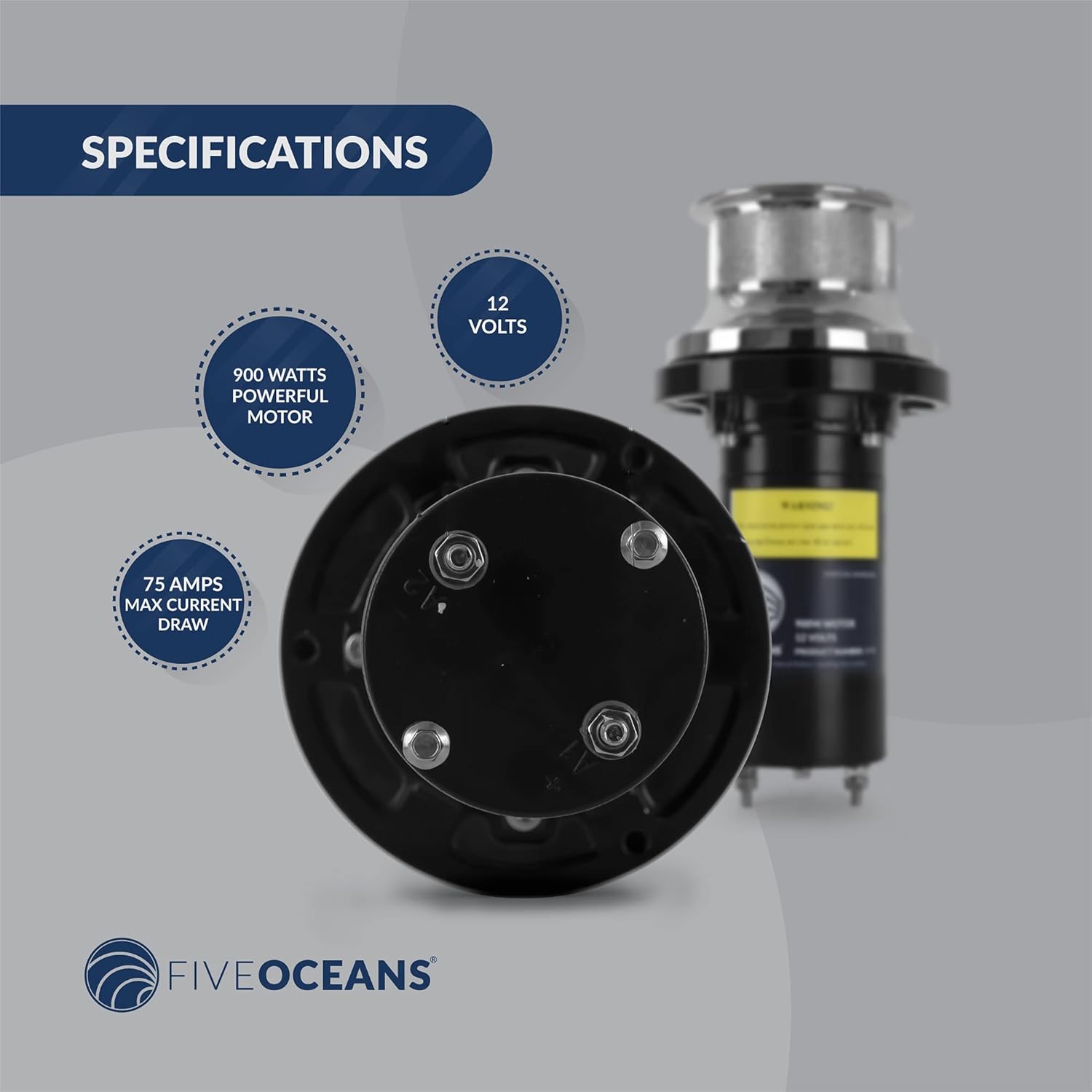 Five Oceans Arctic Capstan 900 Watts Powerful Vertical Mounted Winch AISI316 Stainless Steel, Marine Grade Aluminunm Base Plate, Easy Installation 12 Volts, Ideal for Mid Size Boats Mooring FO-3716