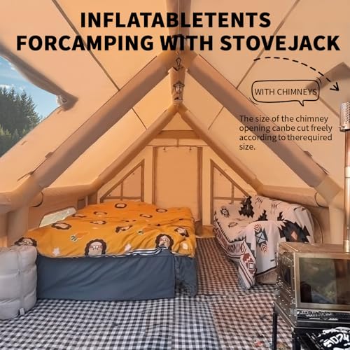 Inflatable Camping Tents 8-10 Person,129 Square Feets Large Inflatable Camping Tent with Stove Jack,Blow up Tent with Mesh Windows & Pump,Easy Setup 4 Season Glamping Tents Waterproof