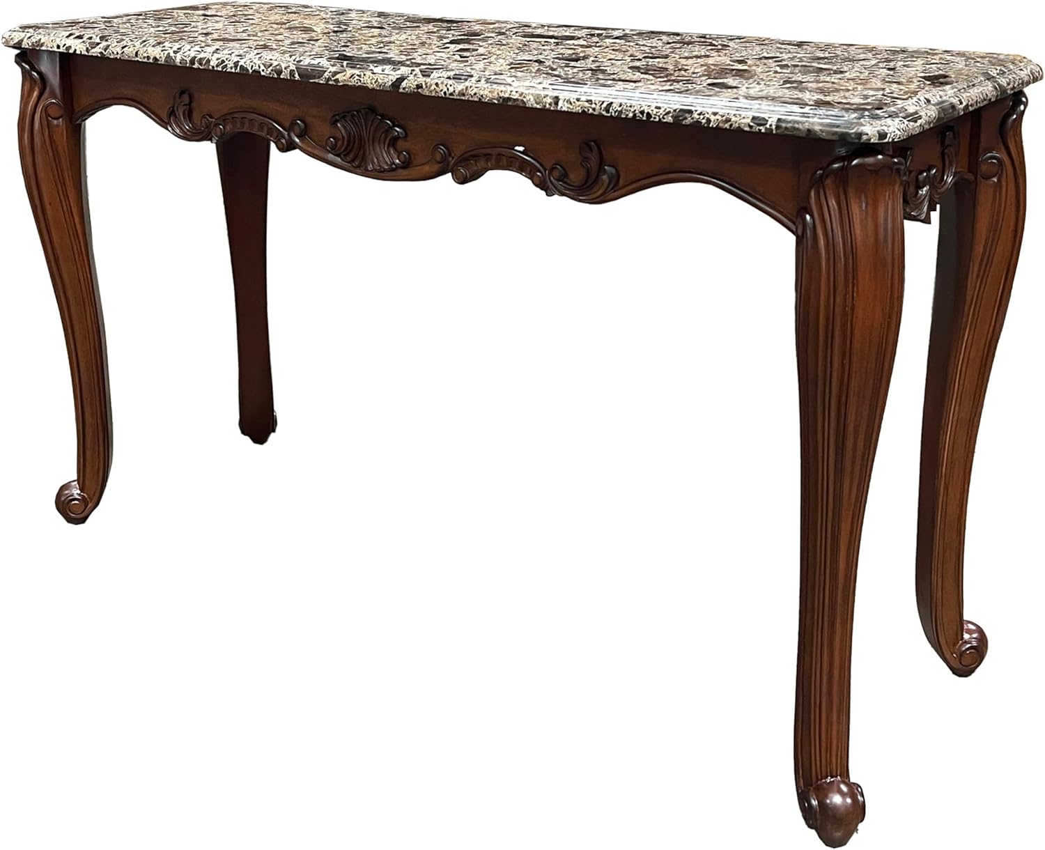 Acme Nayla Marble Rectangular Sofa Table with Floral Legs in Cherry