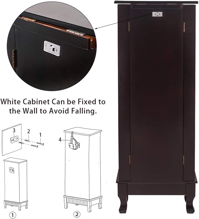 Standing Jewelry Armoire Cabinet,Jewellery Box Organizer Storage Chest with 7 Drawers,2 Swing Doors,16 Necklace Hooks,Brown