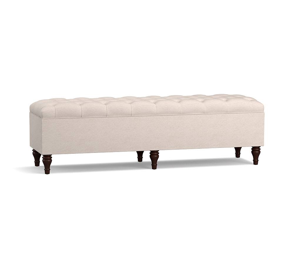 Pottery Barn Lorraine Upholstered Tufted King Storage Bench, Chenille Basketweave Pebble