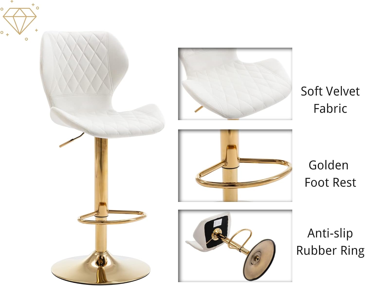 Lei Yu Adjustable Bar Stools Set of 4 Modern Velvet Swivel Bar Stools with Gold Stable Metal Frame Padded Island Chairs with Back and Footrest for Kitchen Island/Living Room/Pub/Coffee/Shop, Cream