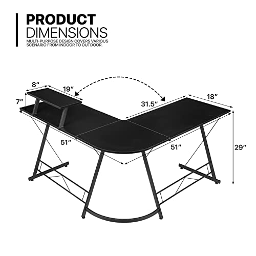 MoNiBloom L Shaped Gaming Desk Computer Corner Table with Metal Frame, L Desk Workstation for Home Office, Space-Saving, Black