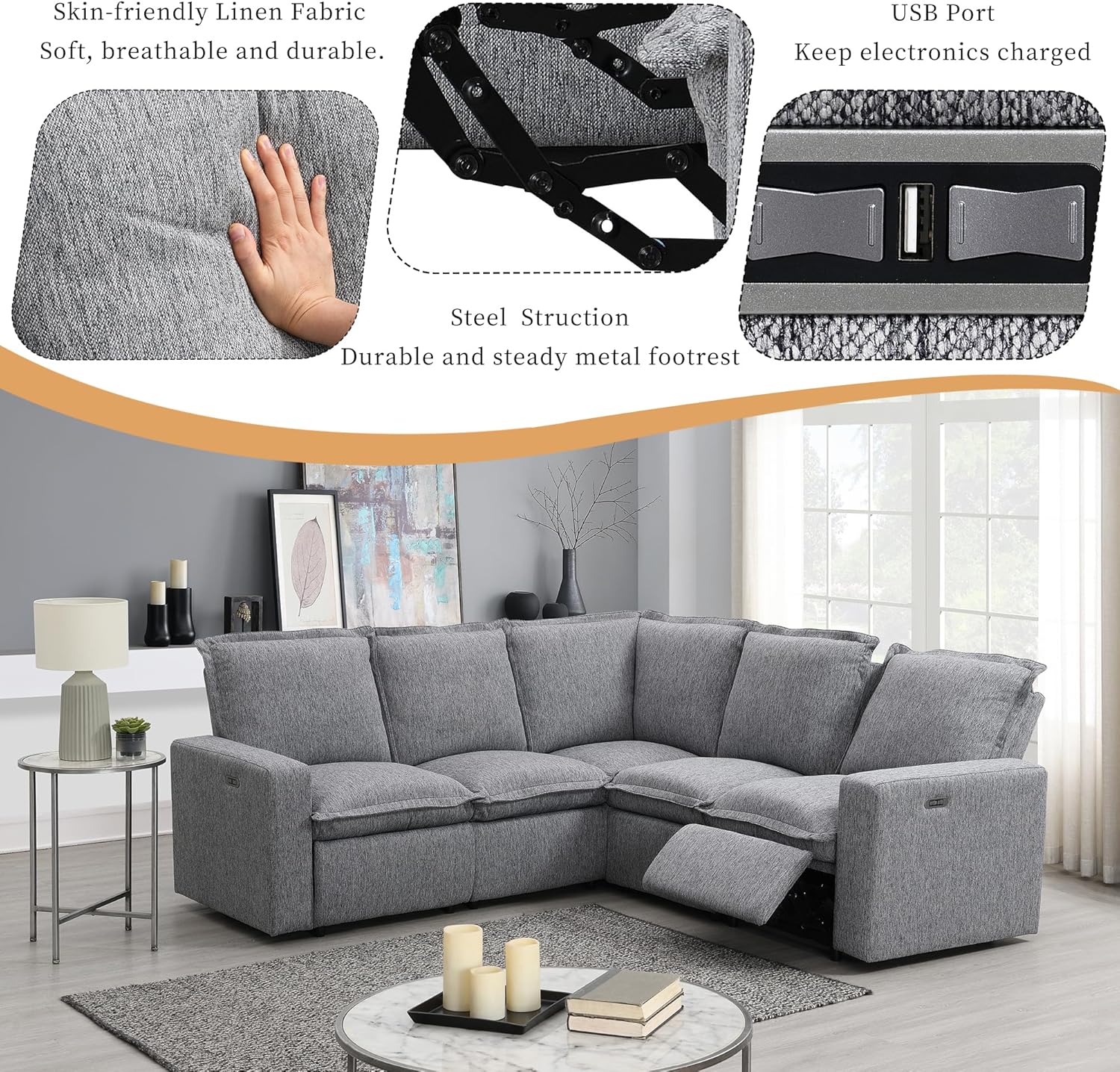 89'' Modular Sectional Sofa Couch, Convertible L Shaped Sofa with Power Recliner Chair, Modern 5-Seater Corner Sofa with USB Port, Seating Soft Chair Couch for Living Room, Home Office, Theater