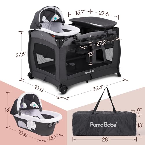 Pamo Babe Playard Deluxe Nursery Center, Foldable Playpen for Baby & Toddler, Bassinet, Mattress, Changing Table for Newborn (Grey)