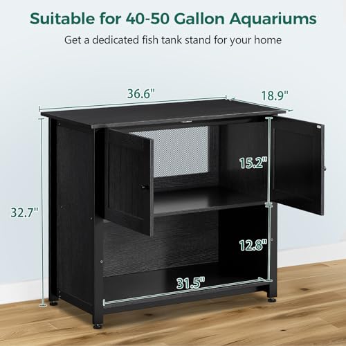 40-50 Gallon Fish Tank Stand with Cabinet, Metal Aquarium Stand for Accessories Storage, Reptile Tank Turtle Terrariums Table Bearable 1000LBS, Accommodates 2 Aquariums