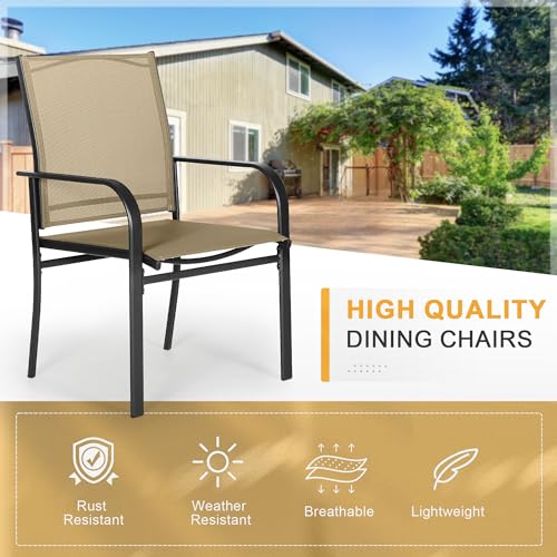 Outdoor Wrought Iron Dining Chairs Set of 4, Patio Textilene Dining Chair with High Backrest, Metal Frame Furniture Chairs with Armrests for Deck, Yard, Backyard, Lawn, Poolside (Dark Blue)