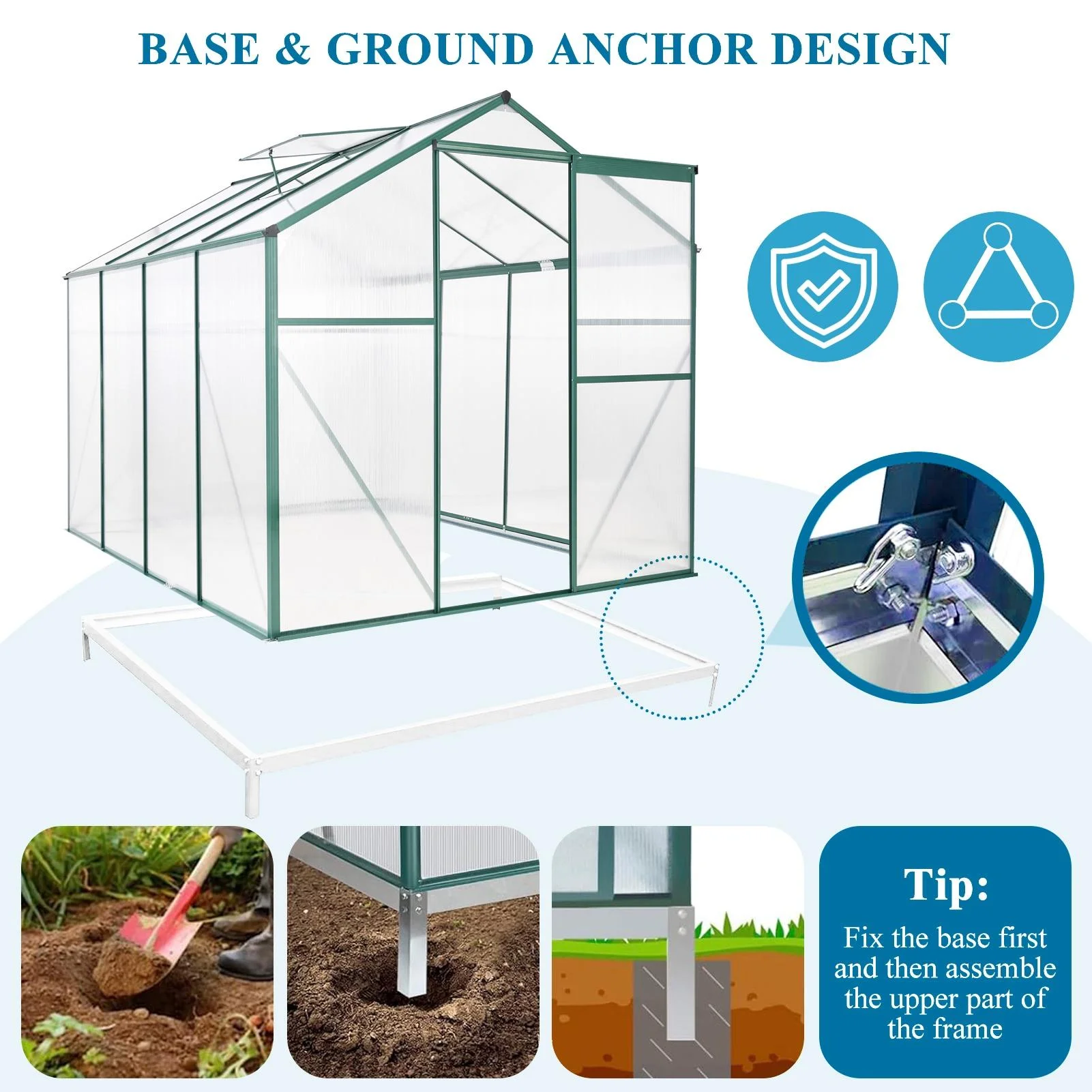 Outdoor Greenhouse Kit, Seizeen Polycarbonate Walk in Green house w/Aluminum Farm, Heavy Duty Garden Greenhouse with Window & Sliding Door, 8x6FT Large Size