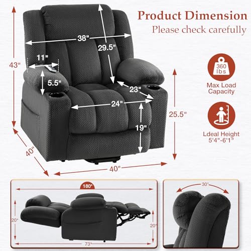 Power Lift Recliner Chair for Elderly - Triple Motor Lift Chairs - Infinite Position Adjust - Power Headrest - Heated & Massage - Lift Assist & 180° Lay Flat - Soft Plush Flannel (Grey)